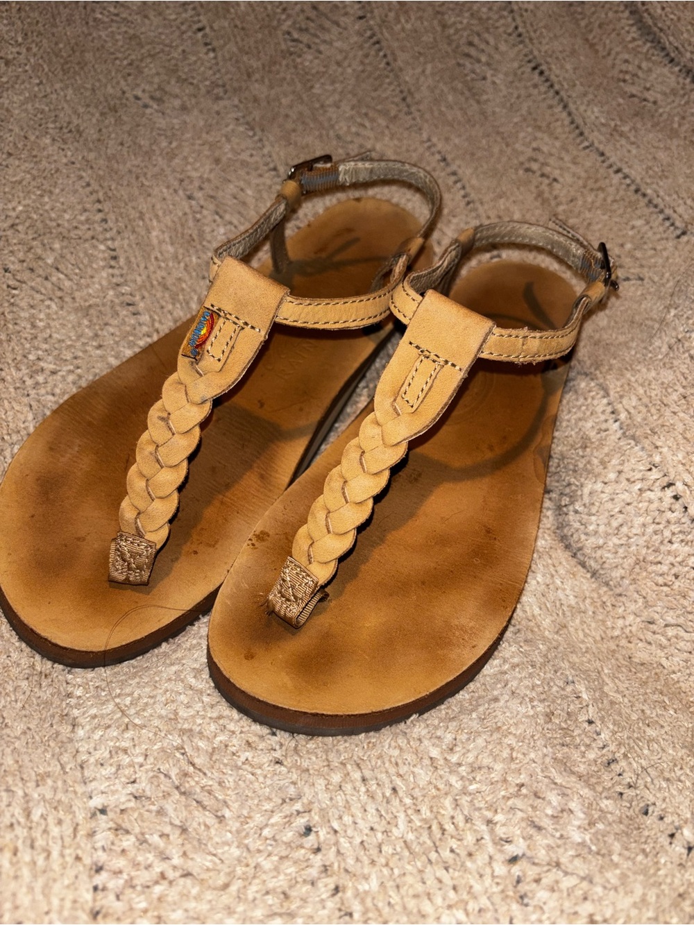 Rainbow Sandals Tan Braided Leather Thong Ankle Strap Sz L (7.5-8.5)